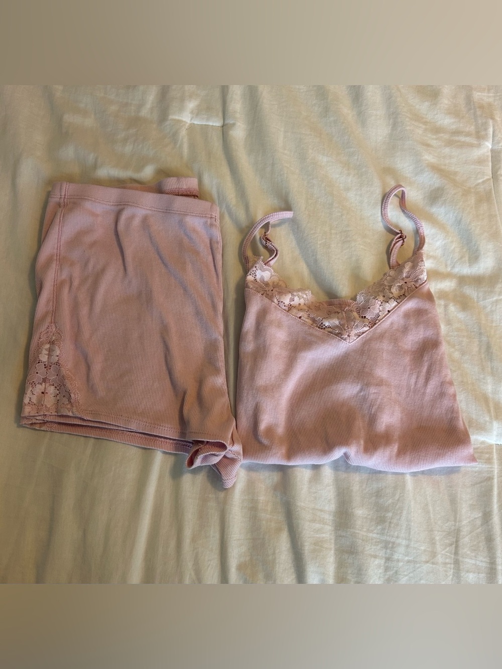 Victoria's Secret Pink Ribbed Lace-Trim Cami & Shorts Sleep Set